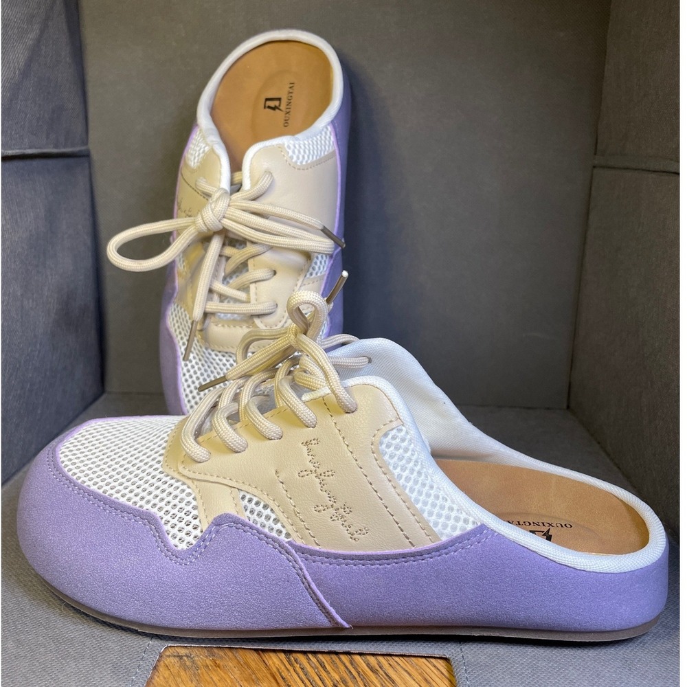 Womens Purple Cream Mesh Lace Up Sneaker Mules Backless Slip On Shoes